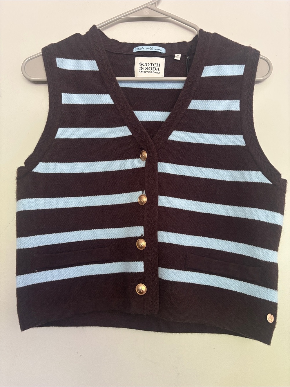 Scotch & Soda Black and Light Blue Striped V-Neck Knit Vest